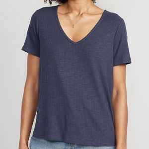Luxe V-Neck Ribbed Slub-Knit T-Shirt for Women, size medium tall